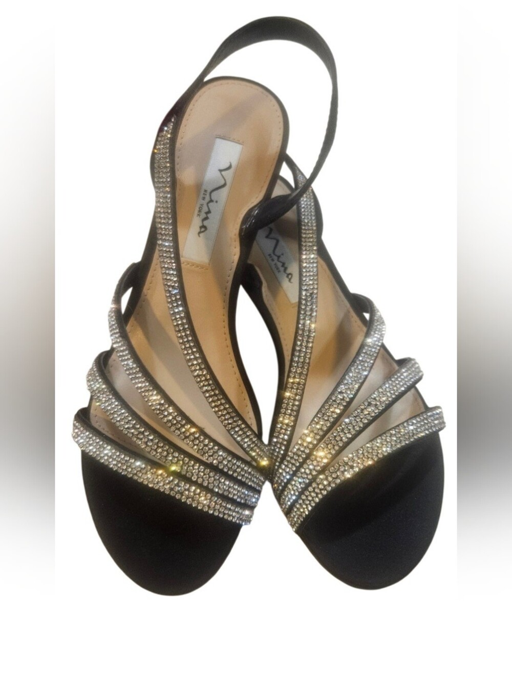 Nina Black Crystal-Strap Slingback Sandals 2"  EUC Size 7